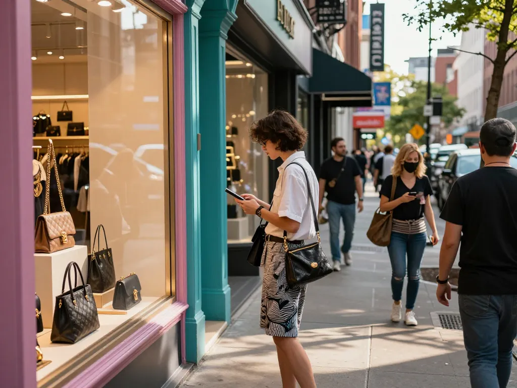 Stylish shopper exploring 레플리카 사이트 offerings in a vibrant boutique showcasing luxury replicas.