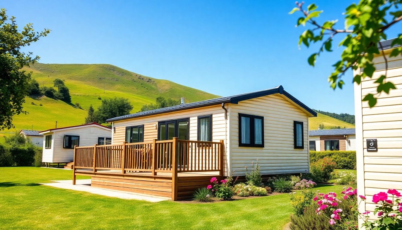 Static Caravans beautifully displayed in a scenic setting with greenery and a blue sky.