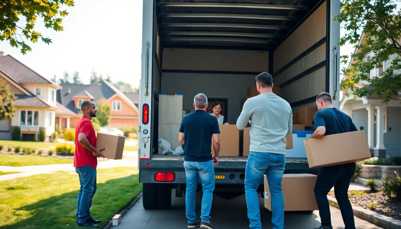 Efficient moving company team actively loading a truck in a residential area.