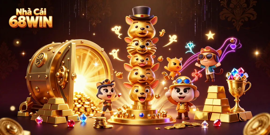 Engage with intense gaming action at Nhà Cái 68WIN featuring vibrant 3D characters and lavish casino elements.