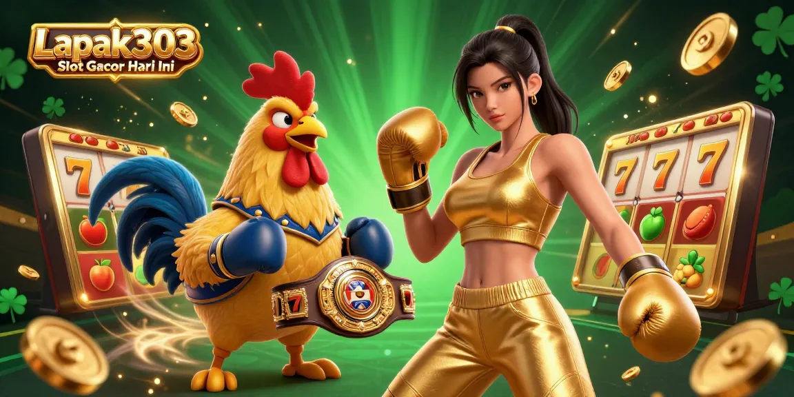 Experience the thrill of Lapak303 Slot Gacor Hari Ini with a vibrant 3D illustration of a championship rooster and sportswoman.