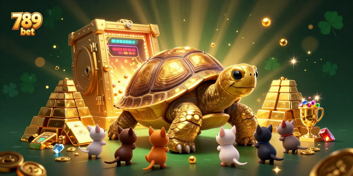 Engage with 789 bet's vibrant gaming scene featuring a colossal pinball tortoise with golden treasures.