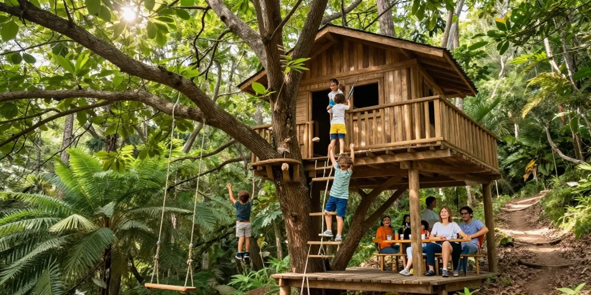 Beautiful treehouses in a forest with family enjoying outdoor activities