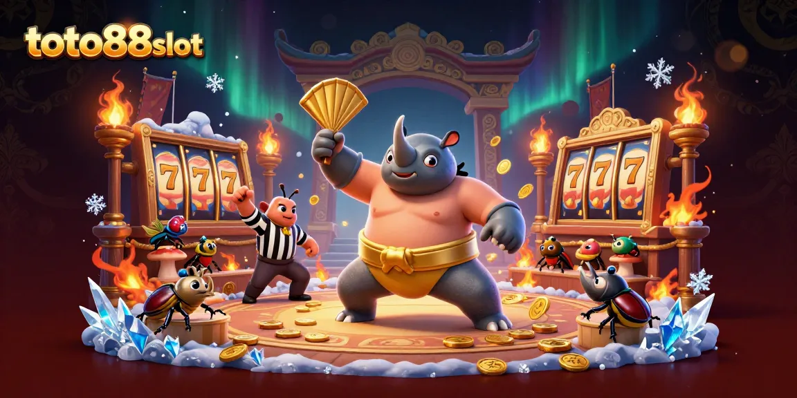 Experience the thrill of toto88slot with an electrifying 3D scene featuring beetle champions amidst swirling coins and vibrant slot elements.