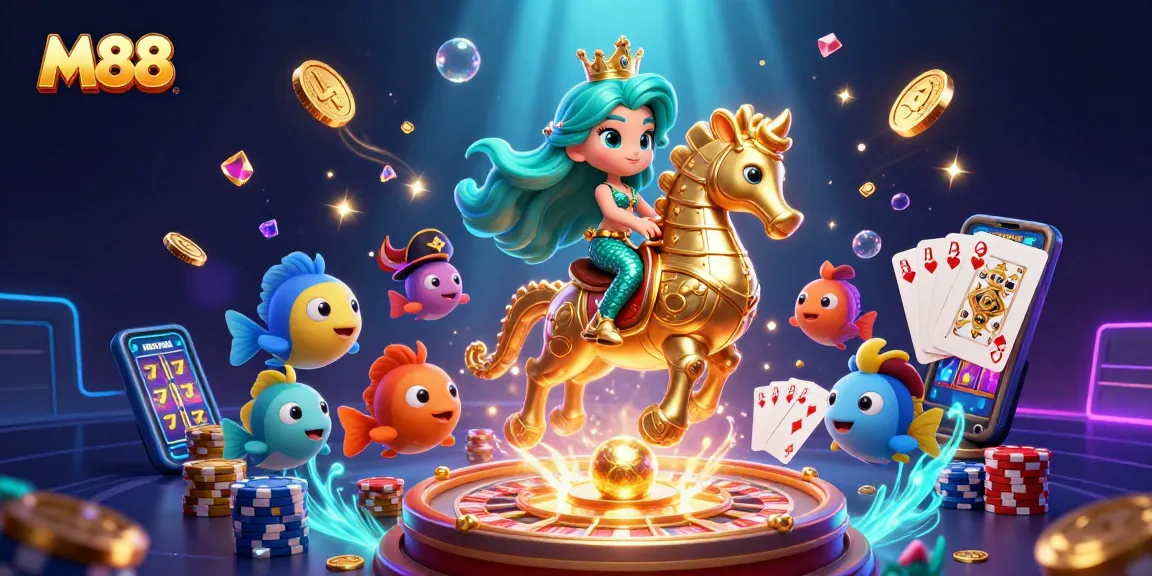 Engage with M88's enchanting casino world featuring a mermaid and her seahorse amidst gold coins and gems.