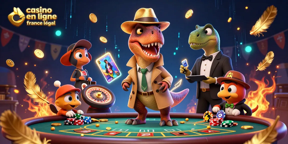 Illustration dynamique d'un velociraptor au casino en ligne France légal, avec découverte de jetons et de couleurs vives.