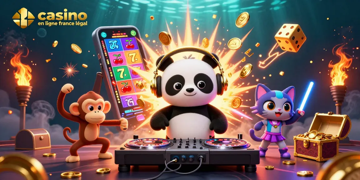 Illustration vibrante représentant l'univers d'un casino en ligne France légal, avec un panda DJ et des éléments de jeux.