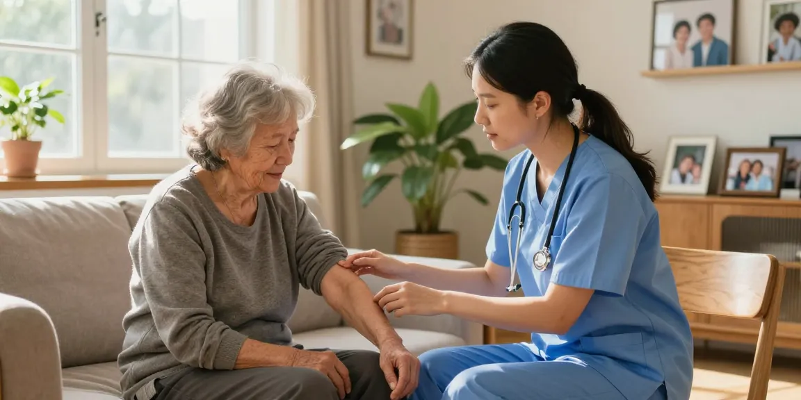 Caregiver explaining bonus new member benefits while assisting elderly client at home.