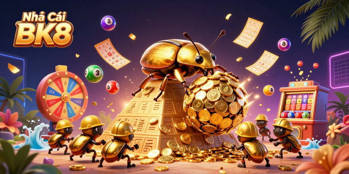 Engage with Nhà Cái BK8 in this vibrant 3D casino scene featuring lively golden beetles and immersive gambling elements.