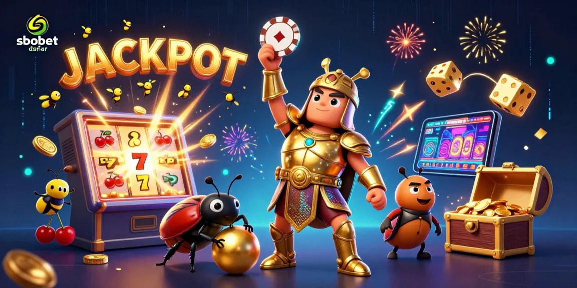 Engage in sbobet daftar with a cartoon beetle championing a poker chip, surrounded by vibrant casino elements.