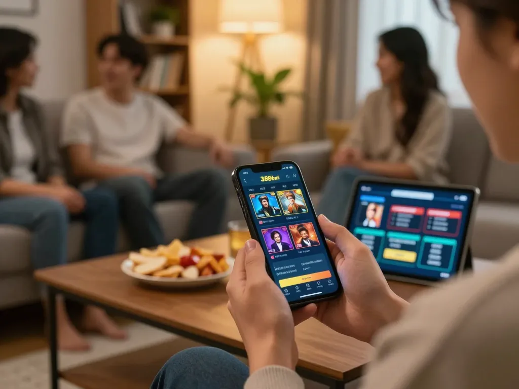 Player enjoying online betting on the 388bet app in a cozy home setting with casual gaming elements.