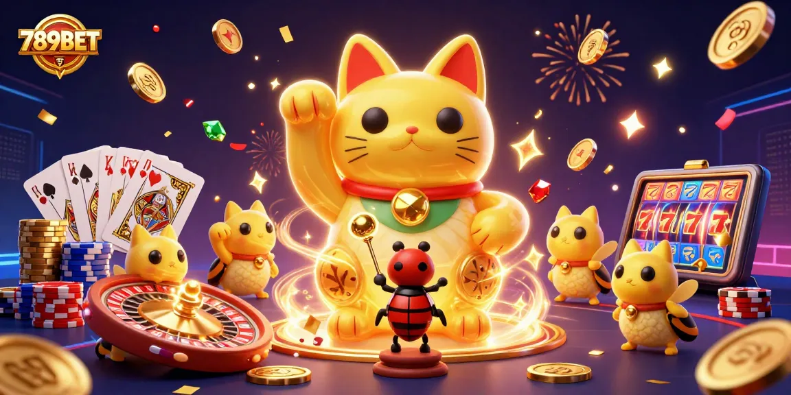 Play exciting games at 789BET with vibrant symbols and golden fireflies lighting up the casino.