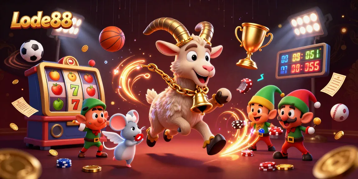 Lode88 casino illustration showcasing Krampus, angel mouse, and gremlins in action, stealing chips.