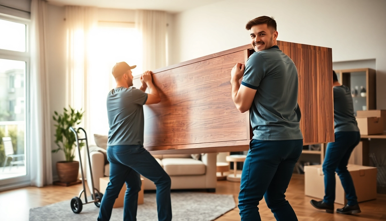 Efficient moving services edmonton with professional movers handling a large cabinet in a modern home.
