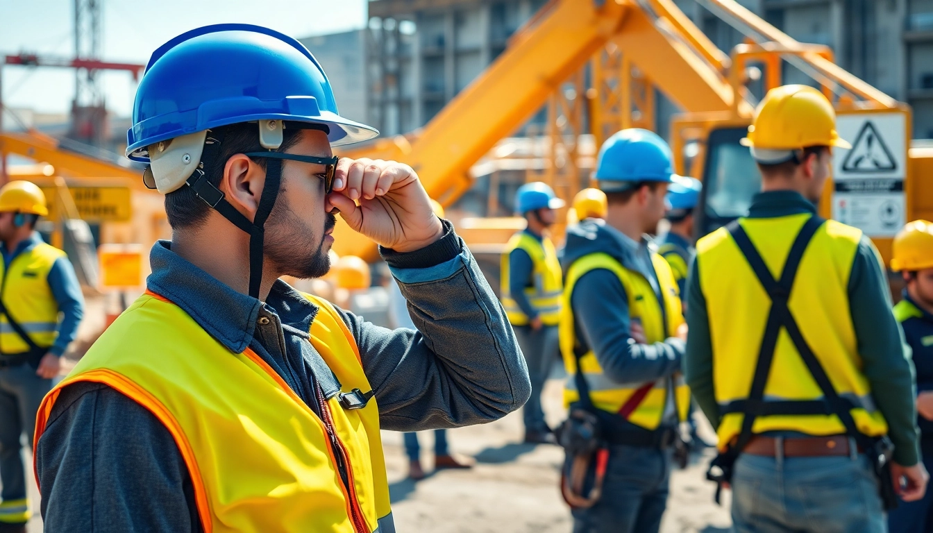 Workers demonstrating construction site safety with equipment in a well-lit construction area.