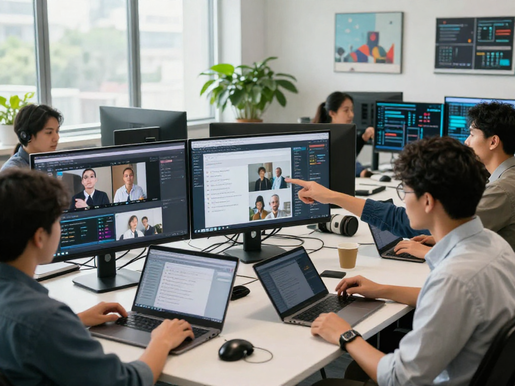 A diverse team using the ai detector in a modern office for content moderation analysis and image verification.
