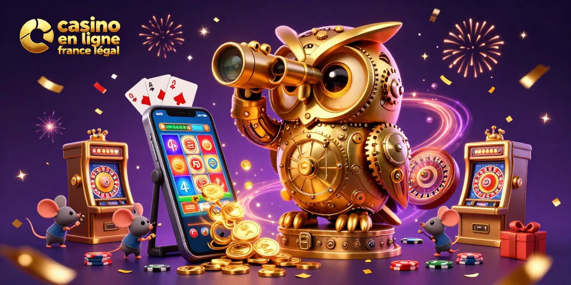 Illustration captivante de casino en ligne France légal, avec un hibou mécanisé surveillant des joueurs animés.