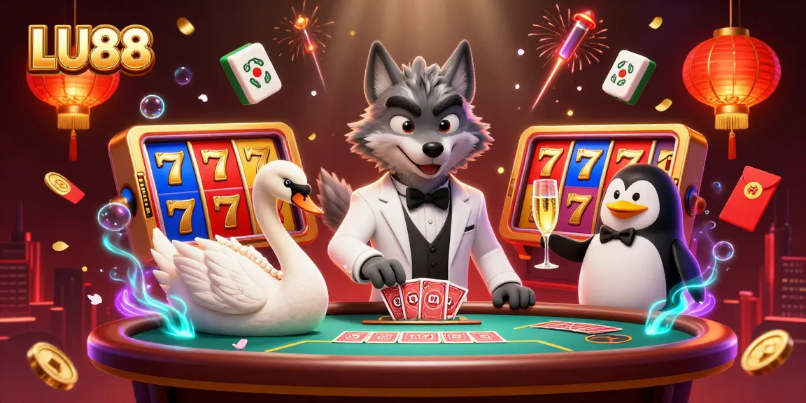 Experience LU88's vibrant gaming scene with a debonair wolf, elegant swan, and sophisticated penguin in this lively casino illustration.