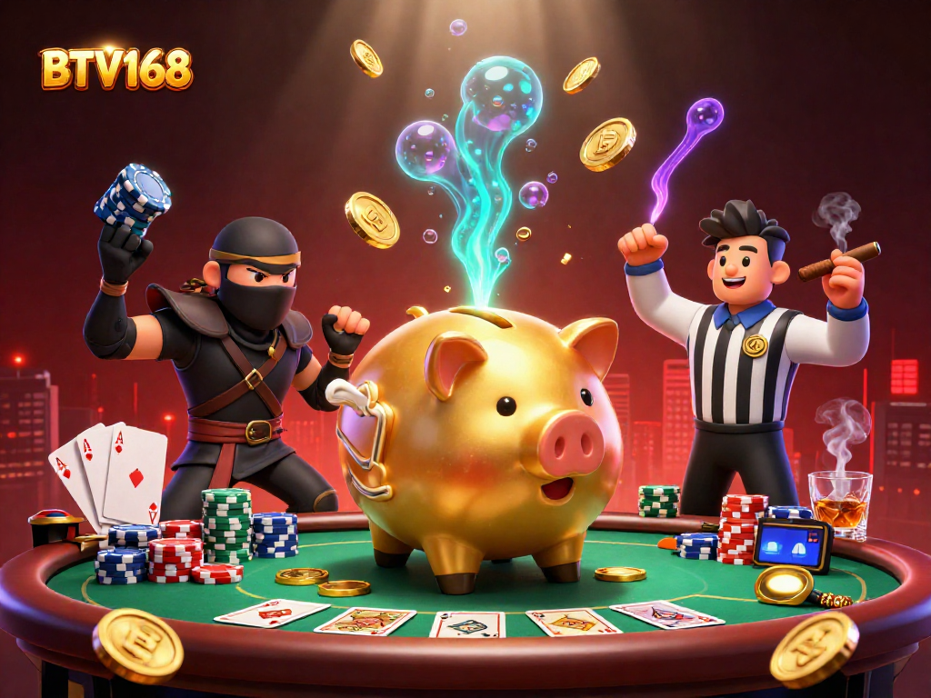 BTV168 showcases a thrilling casino showdown featuring a golden piggy bank sumo wrestler amid scattered poker chips and cards.