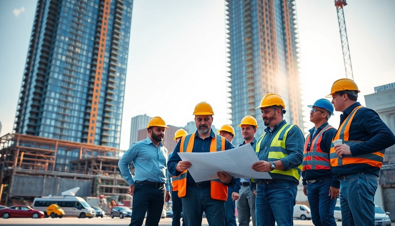 Manhattan Commercial General Contractor overseeing construction with diverse workers in a vibrant setting.