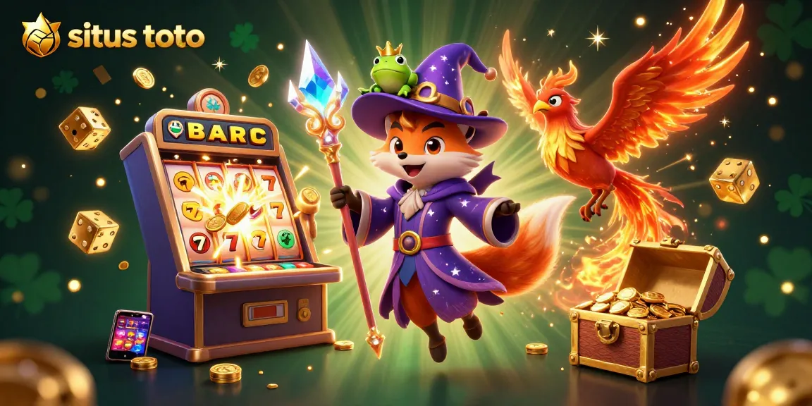 Engage with situs toto in a vibrant 3D illustration featuring a mystical wizard fox and fiery phoenix.