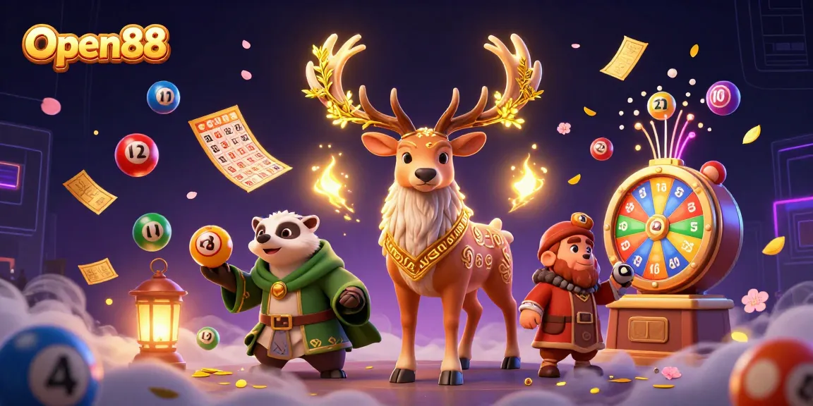 Open88 players enjoy vibrant lottery excitement with colorful elements in a dynamic 3D casino scene.