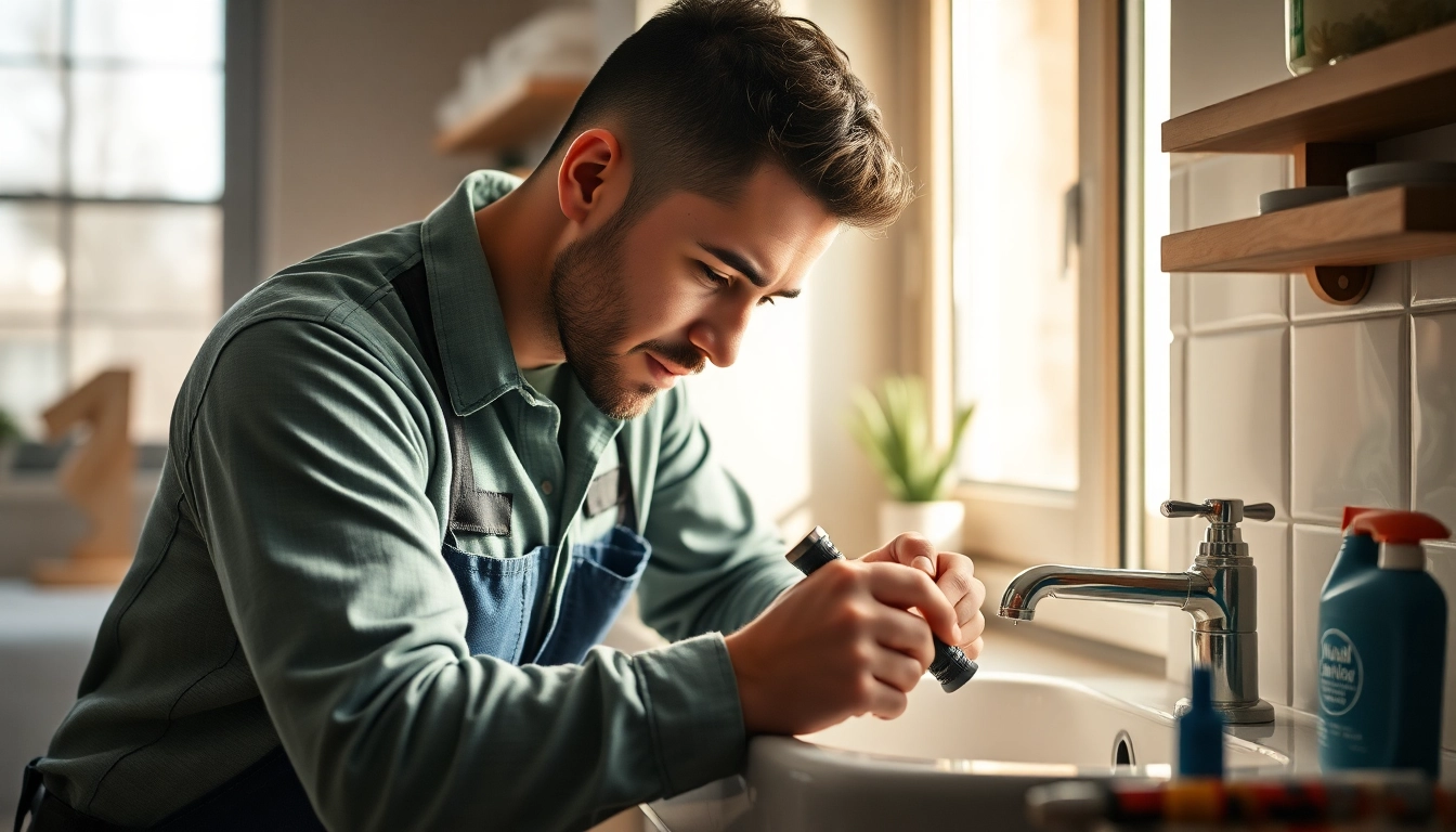 Local plumber fixing a leaky sink in a cozy home setting with warm lighting.