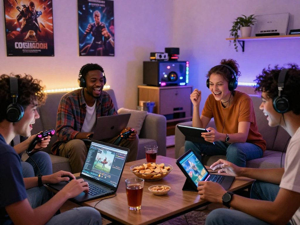 Group enjoying adult games in a cozy living room, showcasing online gaming fun.