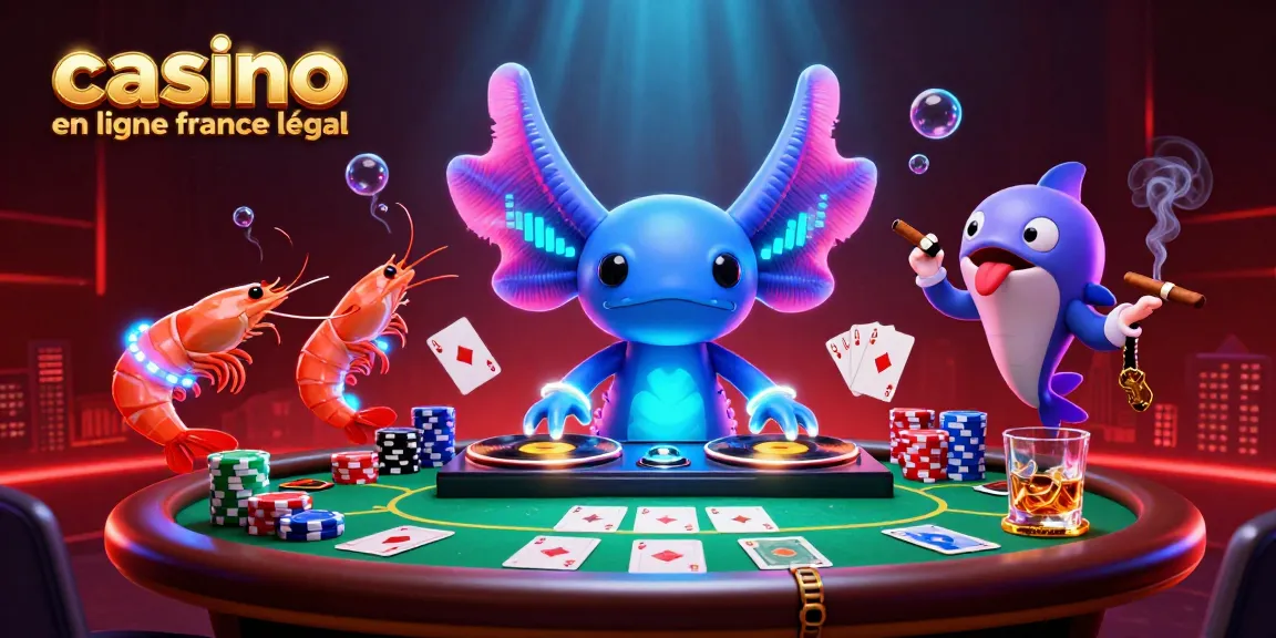 Les joueurs s'amusent dans un casino en ligne France légal, avec un DJ axolotl vibrant et des crevettes dansantes.