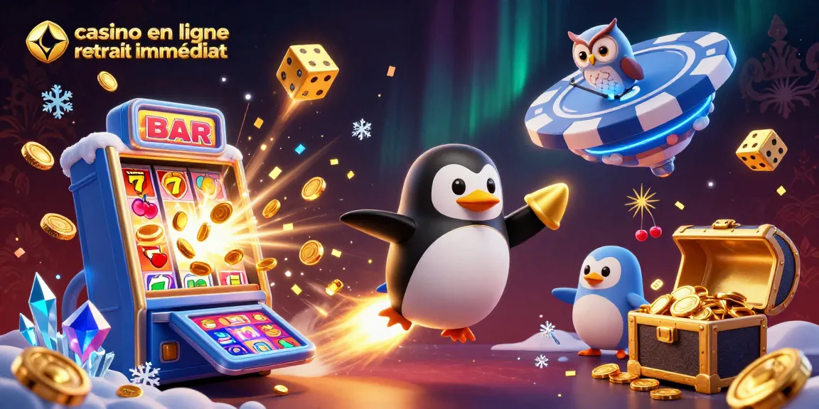 Retirez vos gains rapidement avec le casino en ligne retrait immédiat, symbolisé par un pingouin doré fuyant un casino spatial.