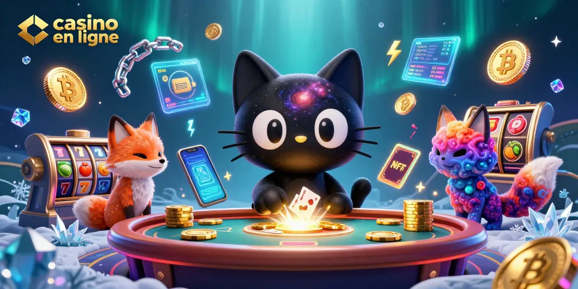 Illustration dynamique d'un casino en ligne avec un chat noir trou noir et un renard nébuleux attirant des jetons d'or.