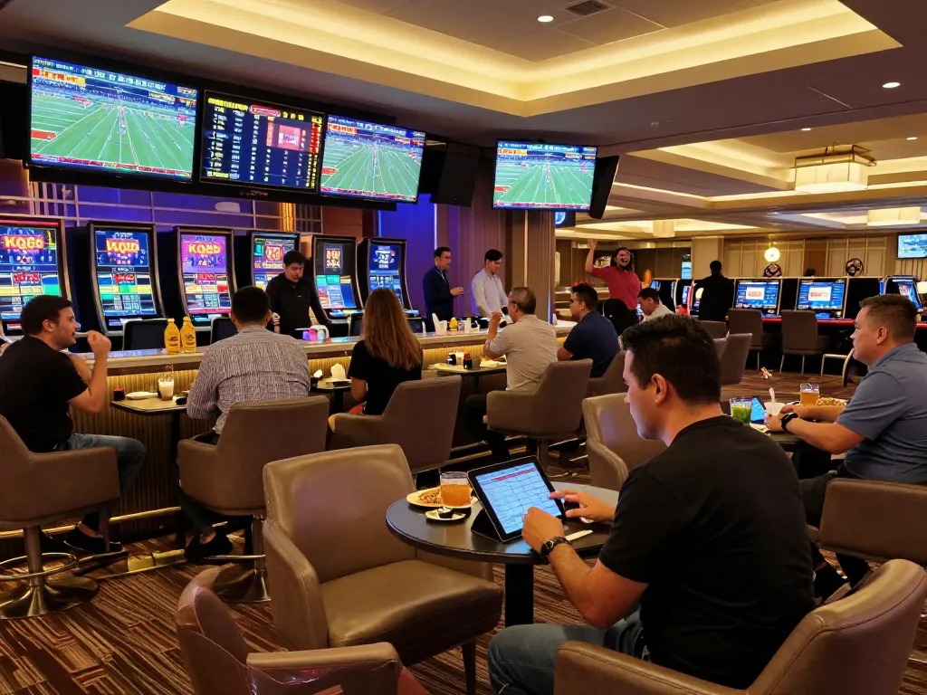 KQBD sports betting scene showing active patrons analyzing live match scores and placing bets in an upscale lounge.