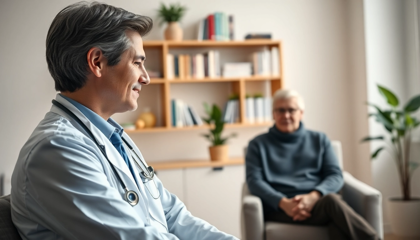 A patient engages with a professional private GP in a welcoming office setting.