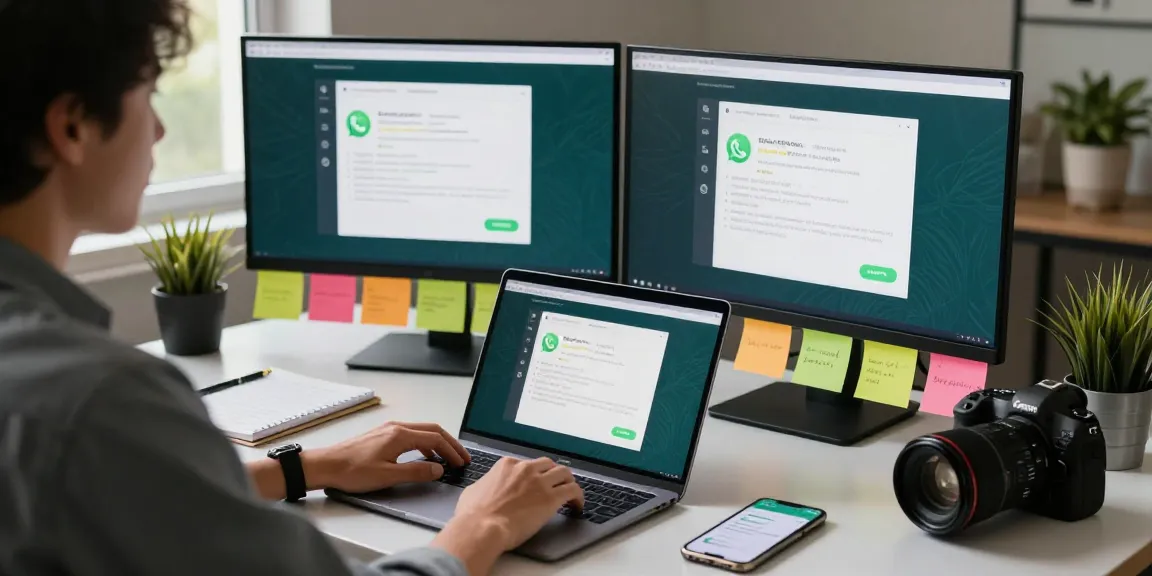 Using WhatsApp電腦版 on a laptop in a modern workspace, optimizing communication.