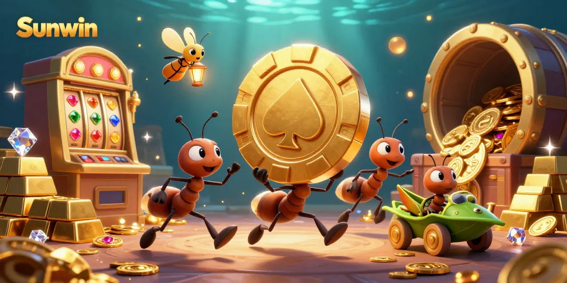 Ants transporting a giant poker chip in a vibrant casino-themed heist scene for Sunwin.