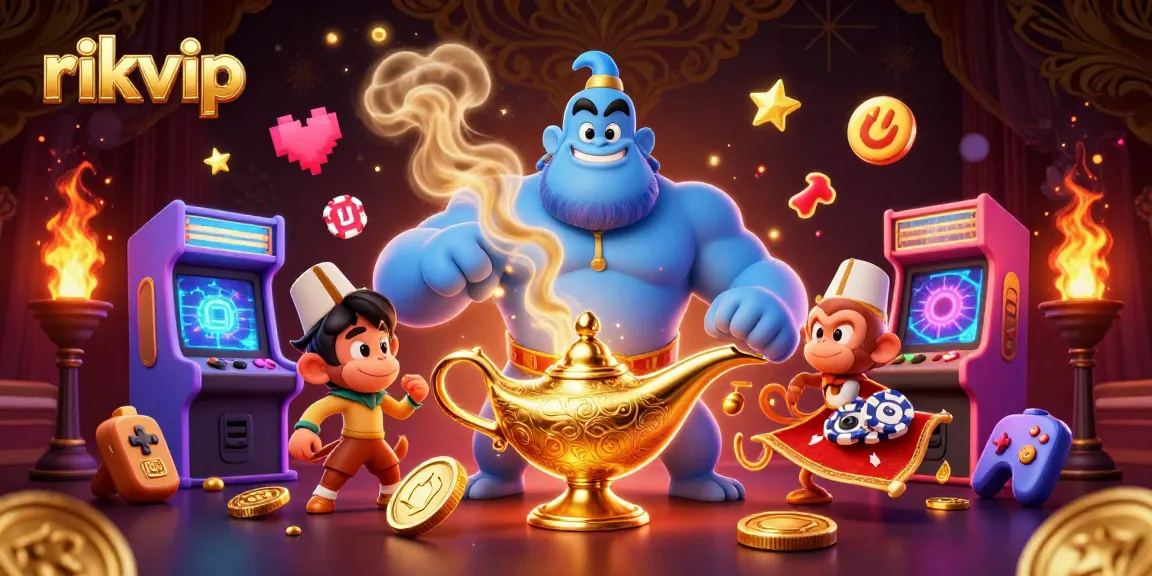 rikvip showcases a vibrant casino scene with a genie, poker chips, and arcade games