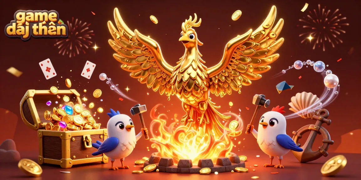 Engage in thrilling game đổi thưởng with a golden phoenix and treasure in a vibrant casino scene.