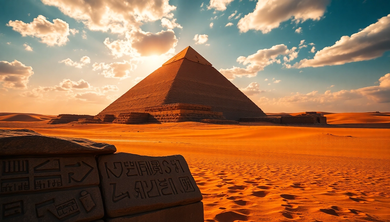 Capture of piraminds towering under a golden sunset, showcasing ancient hieroglyphs.