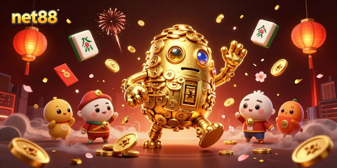 Bettors enjoy high-stakes action with net88's golden golem amidst mahjong tiles and festive elements.