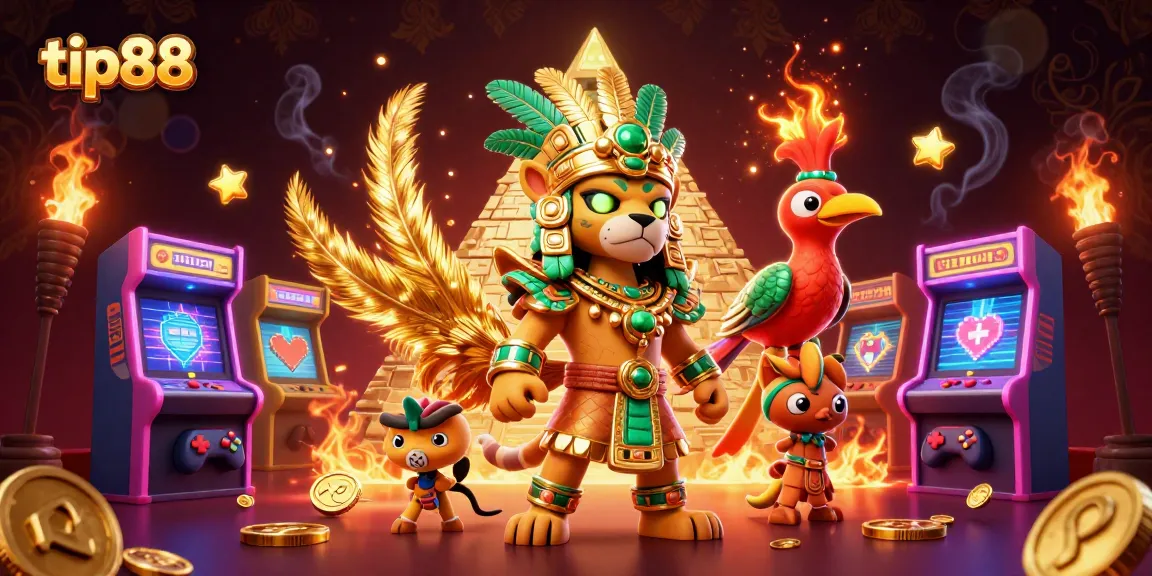 Experience thrilling gambling with tip88 in a vibrant 3D scene featuring dynamic gaming elements and Mayan characters.