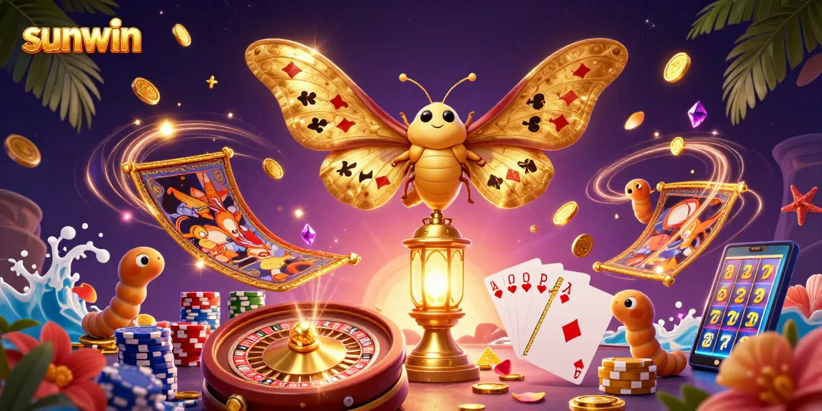 Win big with Sunwin at the casino, featuring an atlas moth and golden elements in action.