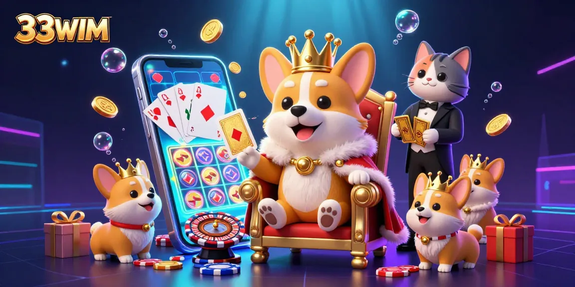 Join the excitement at 33WIM as a royal corgi commands the throne amidst a vibrant casino scene.