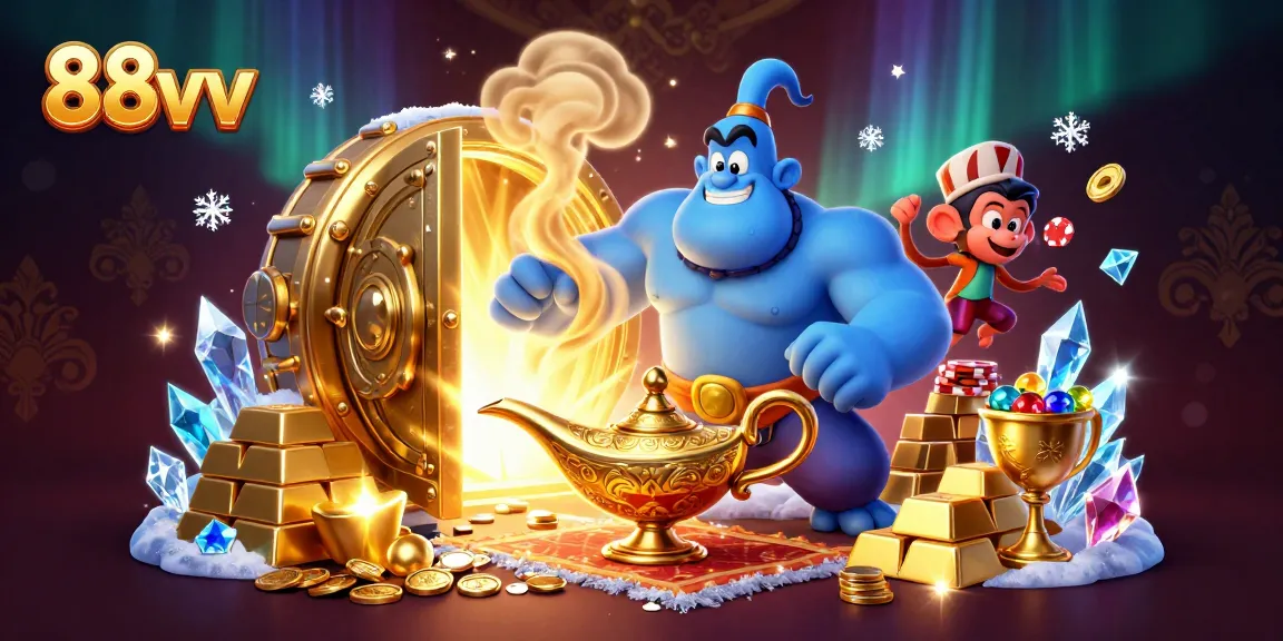 Experience the magic of 88vv with a captivating 3D illustration featuring a genie and treasure.