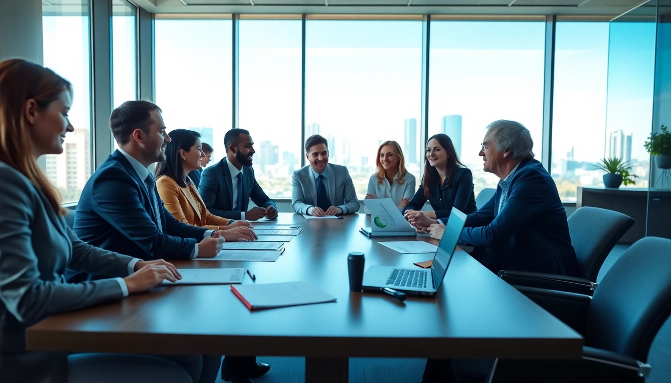 Professionals collaborating on contracts and grants in a bright office environment.