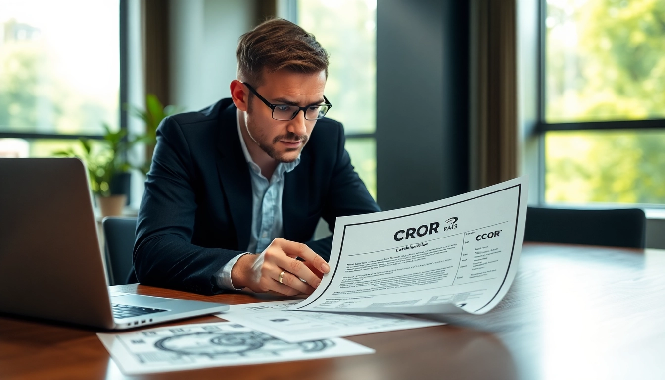 Engineer reviewing cror certification document in a professional office setting.