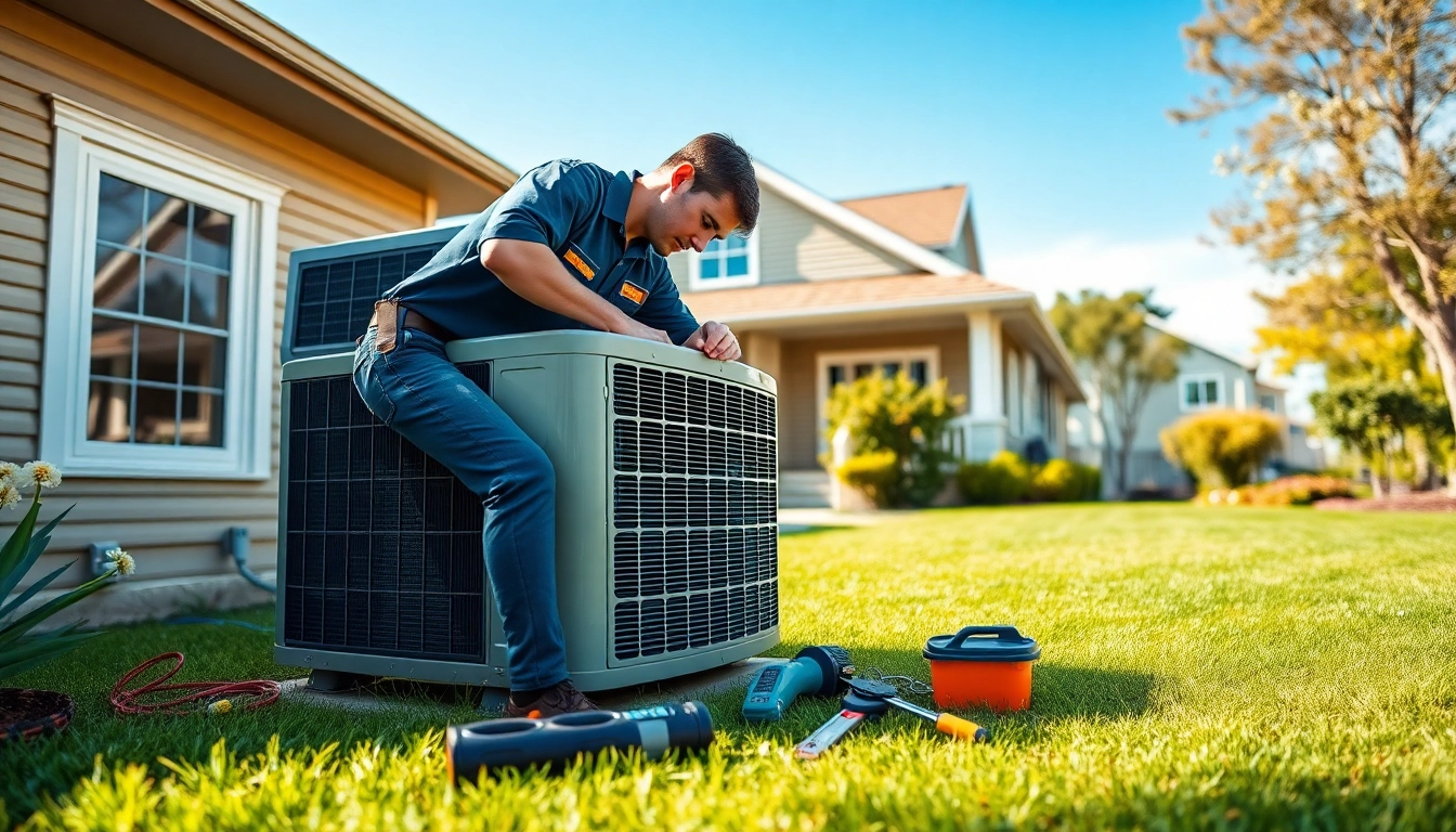 Experienced technician servicing an American Standard HVAC unit in a bright suburban setting.