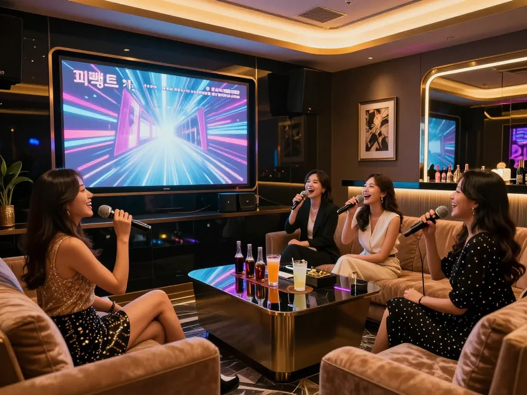 활기찬 조명과 현대적인 장식으로 꾸며진 퍼펙트가라오케에서 즐거운 밤을 보내는 손님들.