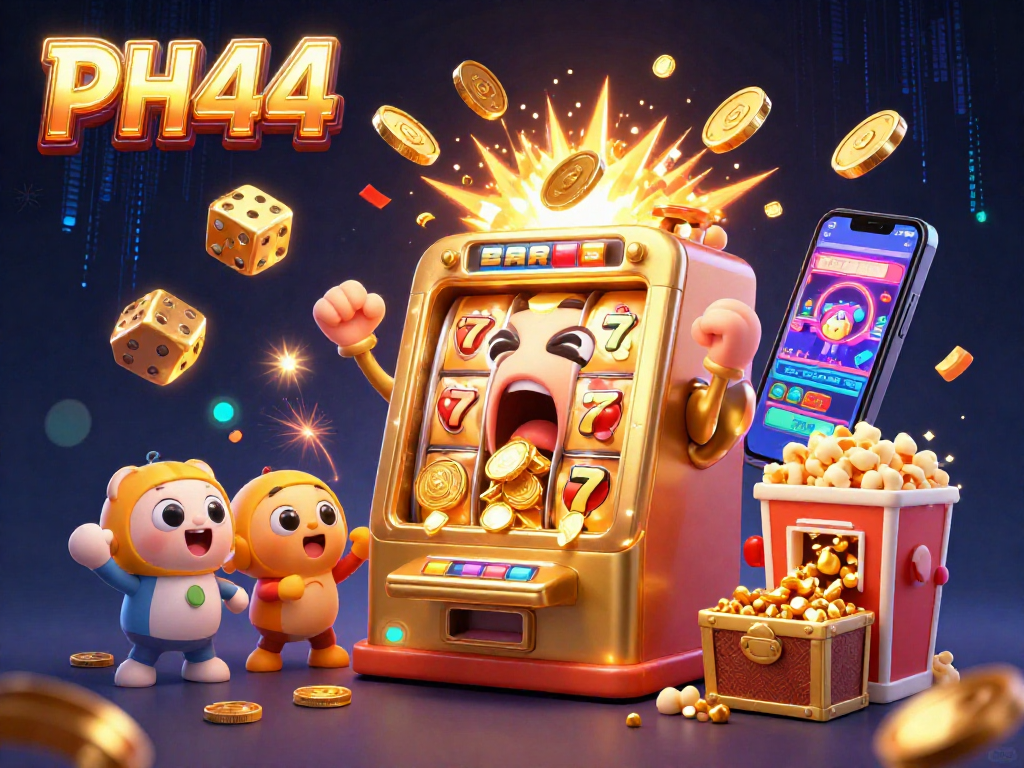 PH44's golden slot machine hitting a jackpot, surrounded by cheering baby machines and coins.
