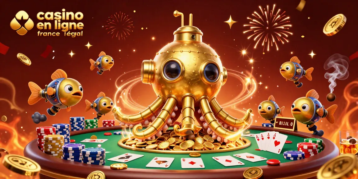 Jouer au casino en ligne légal en France avec une scène animée de kraken et de poissons mécaniques en arrière-plan.