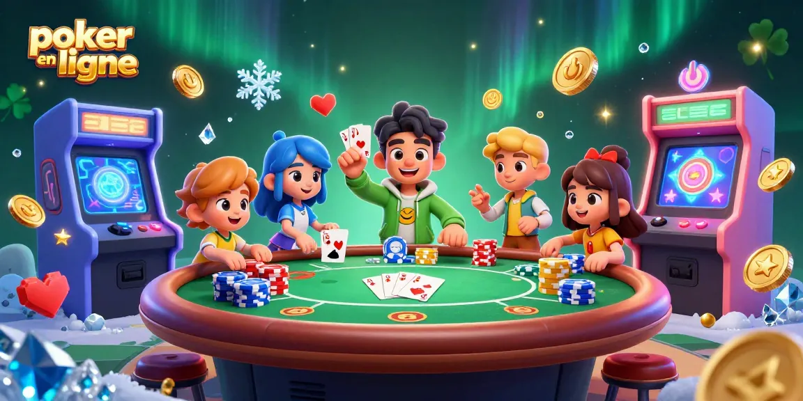 Jouez au poker en ligne dans un univers vibrant rempli de jetons et de machines.